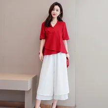 Летний Стиль Национальный Ветер женский китайский Стиль льняные улучшенные Hanfu рубашка+ двойные широкие брюки чайный костюм модный костюм