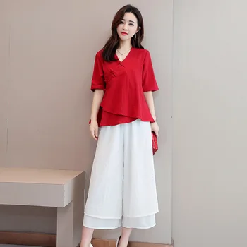 

Summer New Style National Wind Women's Chinese Style Linen Improved Hanfu Shirt + Double Wide Leg Pants Tea Suit Fashion Suit