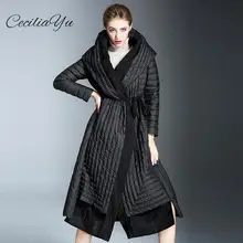 Новинка, Ceciliayu, модный, легкий пуховик, женский, длинный, секционный, выше колена, талия, с капюшоном, 90, белый, утиный пух, женские пальто