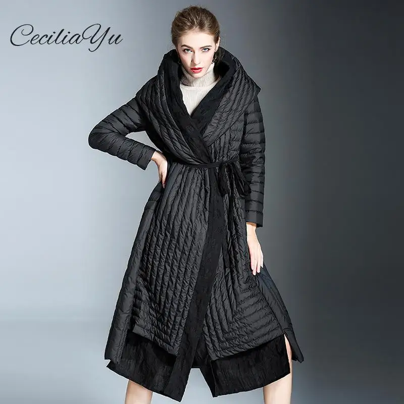 

2018 New Ceciliayu Fashion Light Down Jacket Women's Long Section Over The Knee Waist Hooded 90 White Duck Down Women Coats