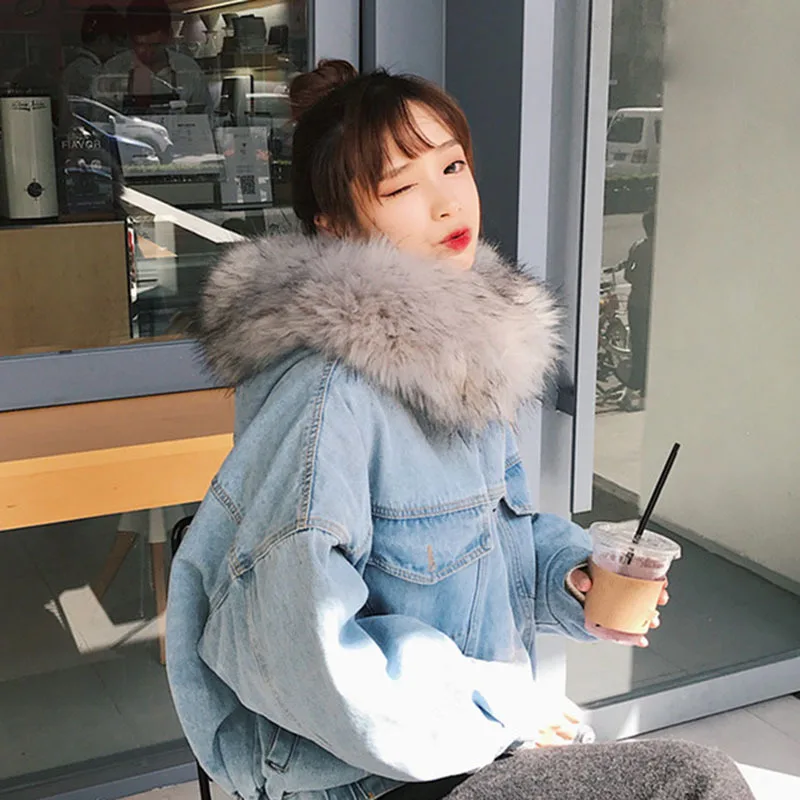 

Denim parka hooded big fur women 2018 new short loose casual wadded winter cute pink white grey fur collar cowboy jacket padded