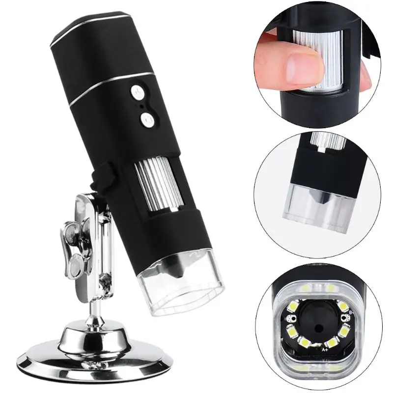 Digital Microscope Magnifier WiFi Wireless 8 LED Light 1000X Electric Video Camera with Base Stand Holder