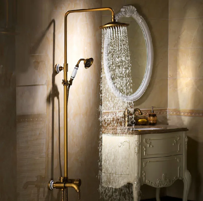 Luxury Antique Brass Bathroom Shower Set Faucet Mixer 8