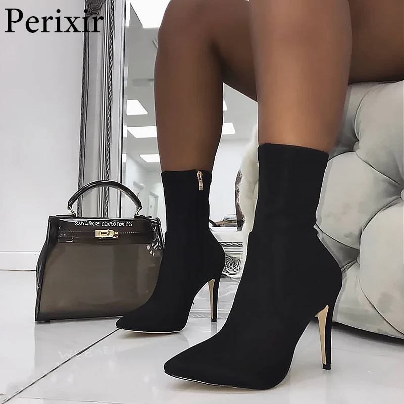 

2019 New Boots Women Stretch Fabric Pointed toe Ankle Boots Fashion High Heels Zip Basic High Boots Sexy Pumps Women Shoes
