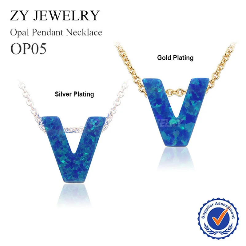 

Gold Color,Silver Plated Chain Necklace Synthetic Letter V Blue Opal Pendant Necklace