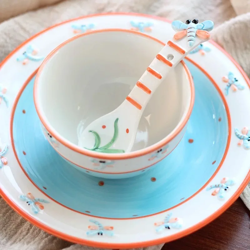 AYC New cute cartoon children's tableware ceramic 5 piece set Creative small insect butterfly bee bowl cup spoon