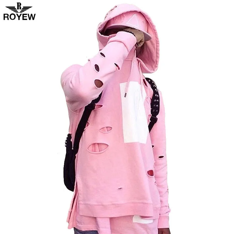 ROYEW mens hip hop pink hoodies sweat suit tracksuit men with the hole