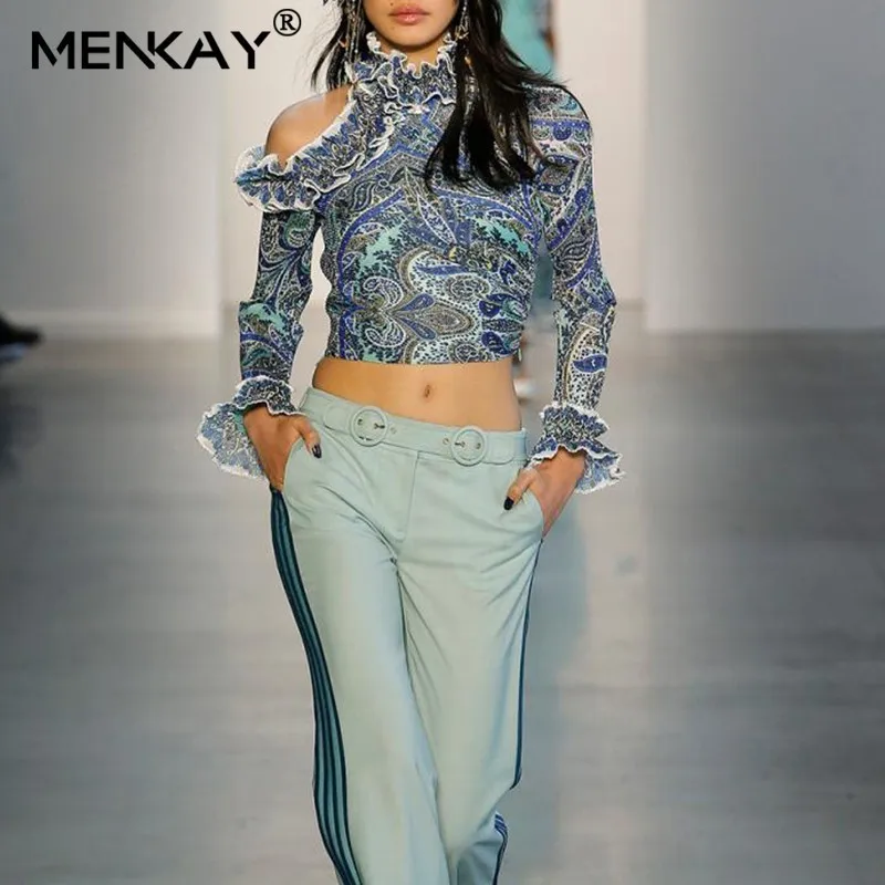 

[MENKAY] 2019 Summer Vintage Floral Print Lace Tops Women Long Sleeve Off Shoulder Ruffles Stand Collar Ladies Fashion Clothing