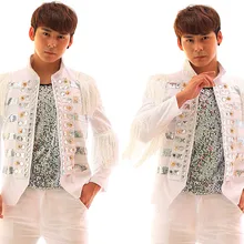 Новые настоящие мужские белые кисточки вышивка бисером СТРАЗА события/сценическое представление короткий смокинг куртка/сценическое представление/Азия Размер/только куртка