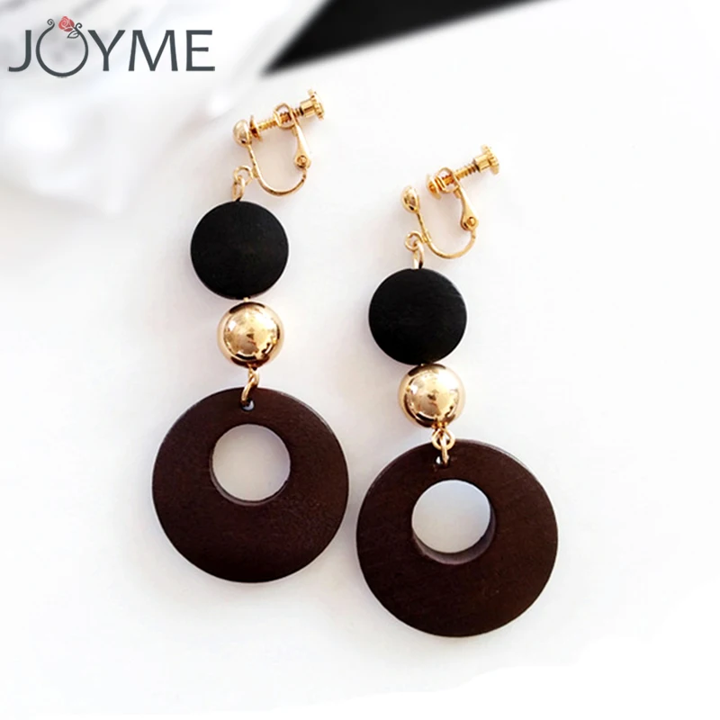 Wooden Earrings Long Pendant Hanging Clip On Earrings Danging Round