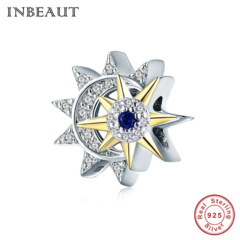INBAUT 100% Настоящее серебро 925 пробы Белый CZ луна бусины Золотой Цвет Звезда