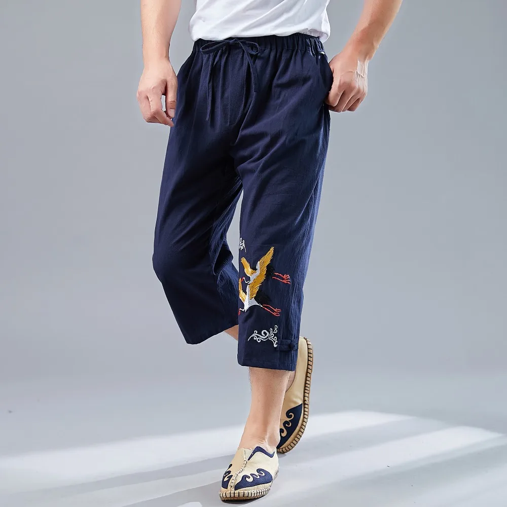 LZJN Men’s Summer 34 Pants Casual Cotton Linen Elastic Waistband Wide Leg Capri Short Bermuda Embroidery Beach Playa Hombre (8)