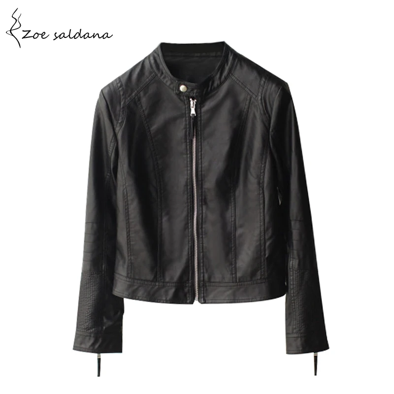 

Zoe Saldana Fashion Women's Slim Short Style Motorcycle Leather Jacket Autumn Winter Women Black O-neck PU Leather Coat