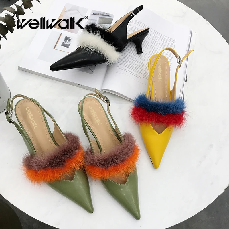 

Wellwalk Elegant Sandals Women Ankle Strap Heels Shoes Women High Heel Sandals With Fur Stiletto Close Toe Sandals Ladies