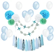 Blue Silver Birthday Party Decorations Kids Boy baby shower 25pcs Banner Pom Poms Flower Tassel Balloons  Birthday Supplies