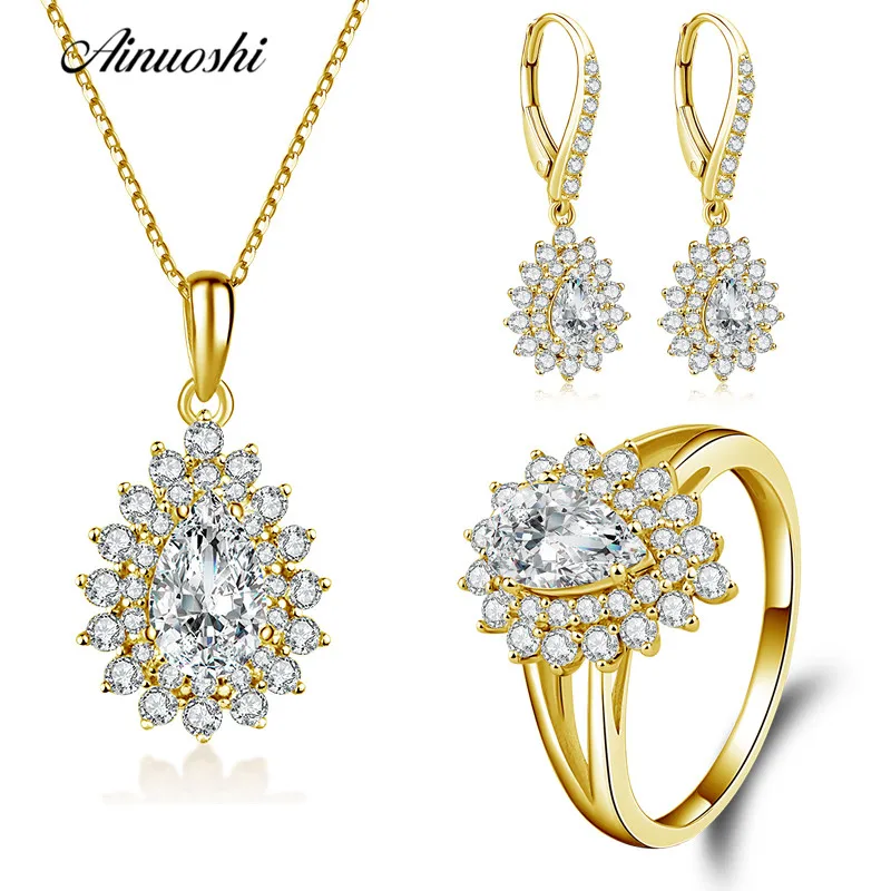 AINUOSHI 10K Solid Yellow Gold Jewelry Set Pear Cut Teardrop Pendant Halo Ring Drop Earring Fine Wedding Women Jewelry Set Gift AINUOSHI 10K Solid Yellow Gold Jewelry Set Pear Cut Teardrop Pendant Halo Ring Drop Earring Fine Wedding Women Jewelry Set Gift