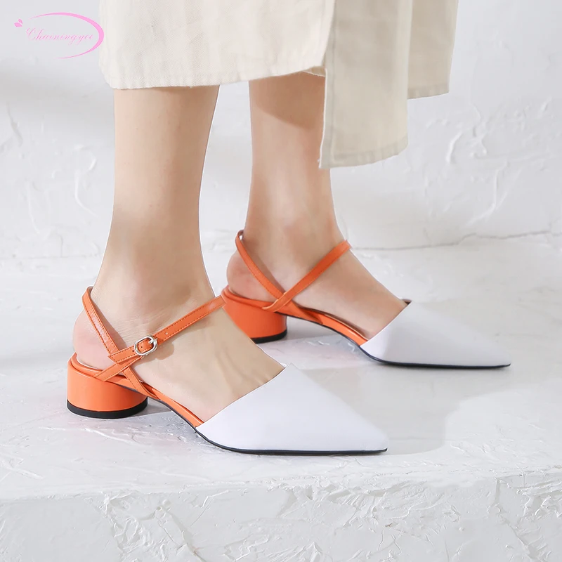 

Summer natural leather shoes woman sexy pointed toe women sandals matching color buckle coarse medium with women's shoes
