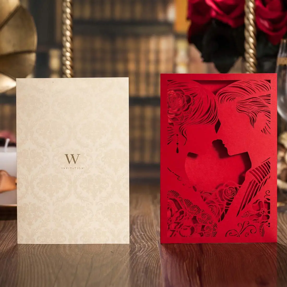  20Pcs Red & White Laser Cut Wedding Invitations Card Bride and Groom Kiss Hollow-Out Engagement Bri - 33022910012