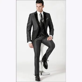 

High Quality One Button Charcoal Groom Tuxedos men suit Peak Lapel Groomsmen Best Mens Wedding Prom Suits ( jacket+Pants+vest)