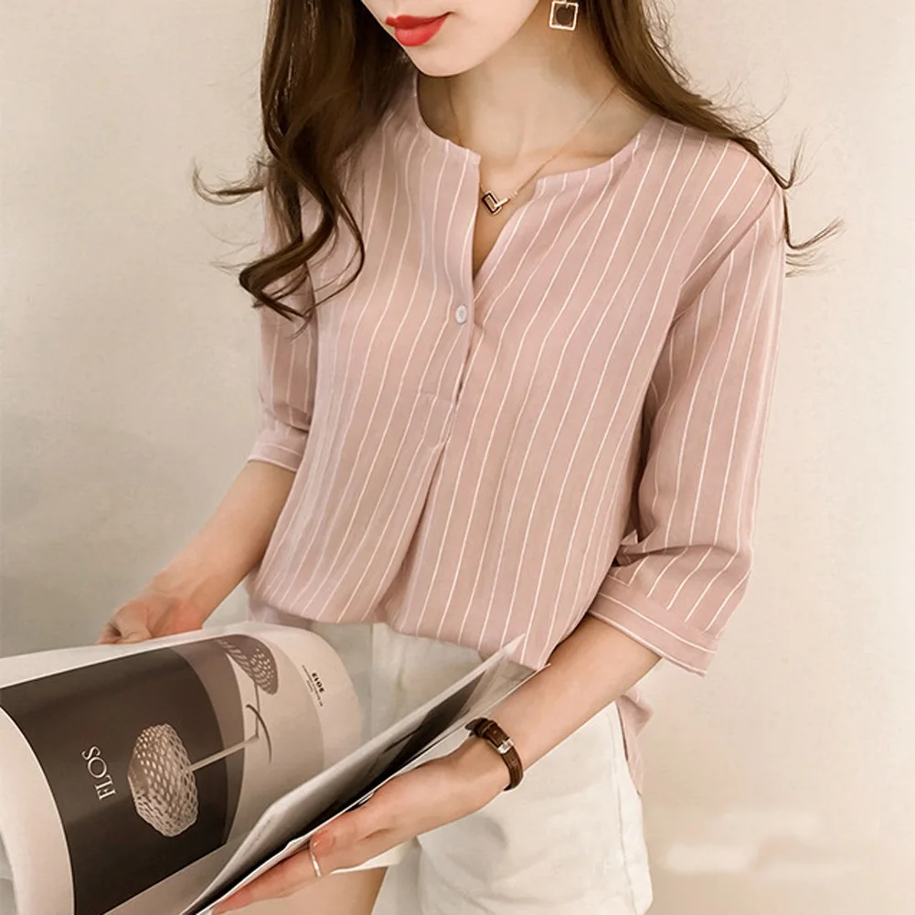 

Women's Striped Half Sleeve V Neck Baggy Blouse Shirt Tops Ladies LooseTunic Top Blouse Plus Size M-XXXXL