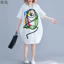 Винтажное Забавное платье-футболка с принтом аниме из мультфильма размера плюс 4XL 5XL 6XL, хлопковое платье с рукавами летучая мышь, женские льняные платья большого размера, новинка