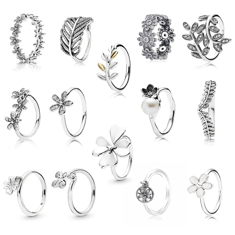 

Trendy Original Authentic 925 Sterling Silver Flower Leaves Pearl Fashion Pans Ring For Women Wedding Gift Fine DIY Jewelry