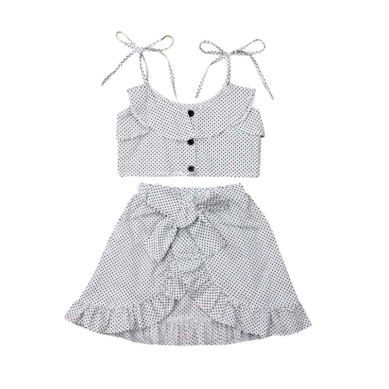 

0-7Y Vintage Kids Baby Girl Party Clothes Sets Summer Polka Dot 2Pcs Sling Lace-up Crop Tops+Bowknot Ruffled Skirts Girl Outfits