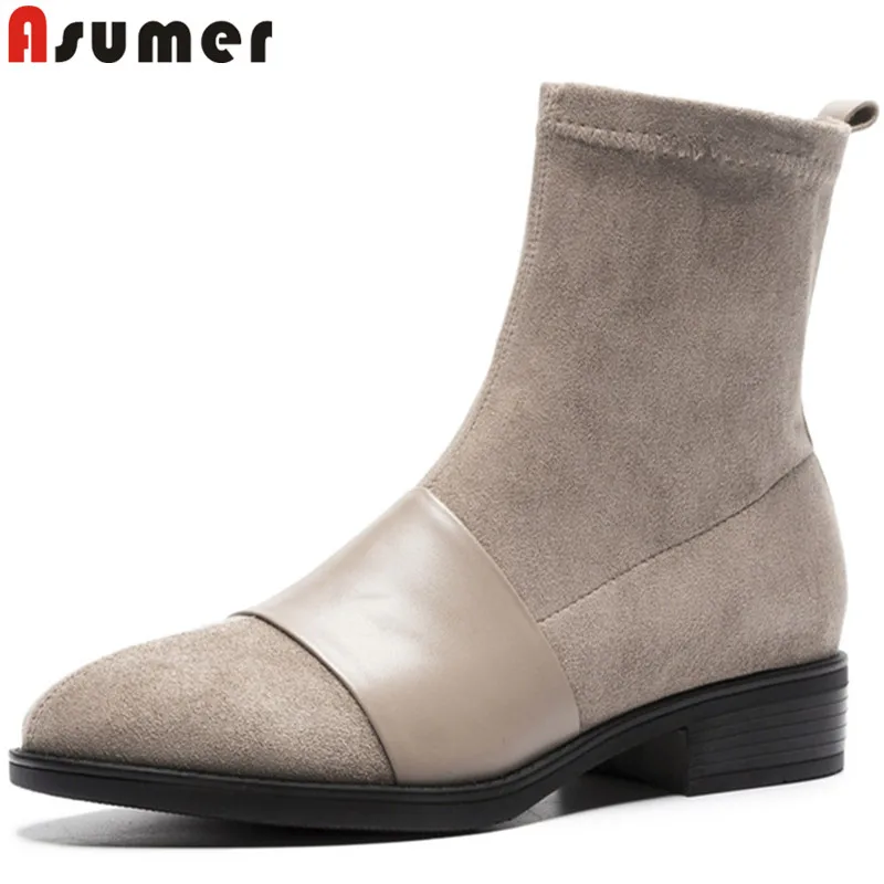 

ASUMER big size fashion autumn winter boots women round toe stretch fabric+cow leather boots low heels ladies ankle boots women