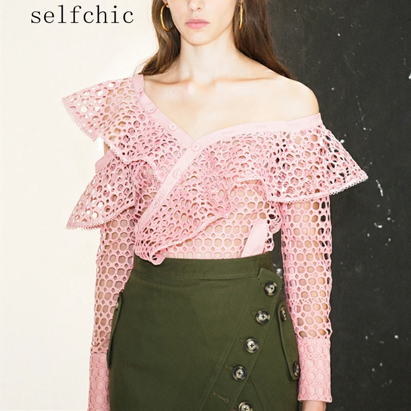 

Long Sleeve Pink Lace Blouses Woman Sexy One Shoulder Lace Tops
