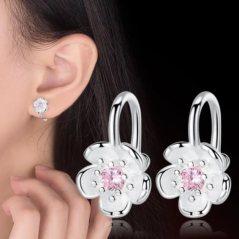 

New Hot Sweety Cherry Blossoms Earrings Ear Clip For Women 925 Sterling Silver Jewelry Pendientes Statement Earrings SAE15