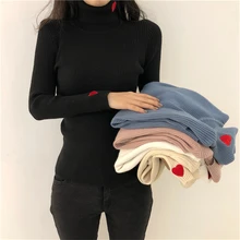 OllyMurs Autumn Winter Women Turtleneck Knitting Sweaters Elastic Slim Bodycon Sweater Heart Embroidery Ladies Warm Top Knitwear