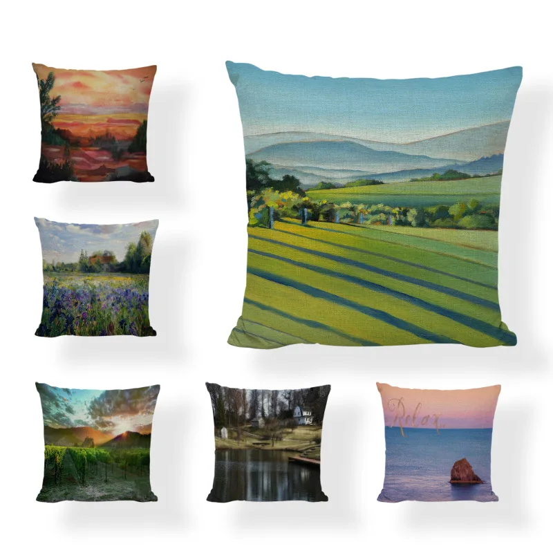 American Country Style Cushion Cover Painted Nature Landscape Sunset 45