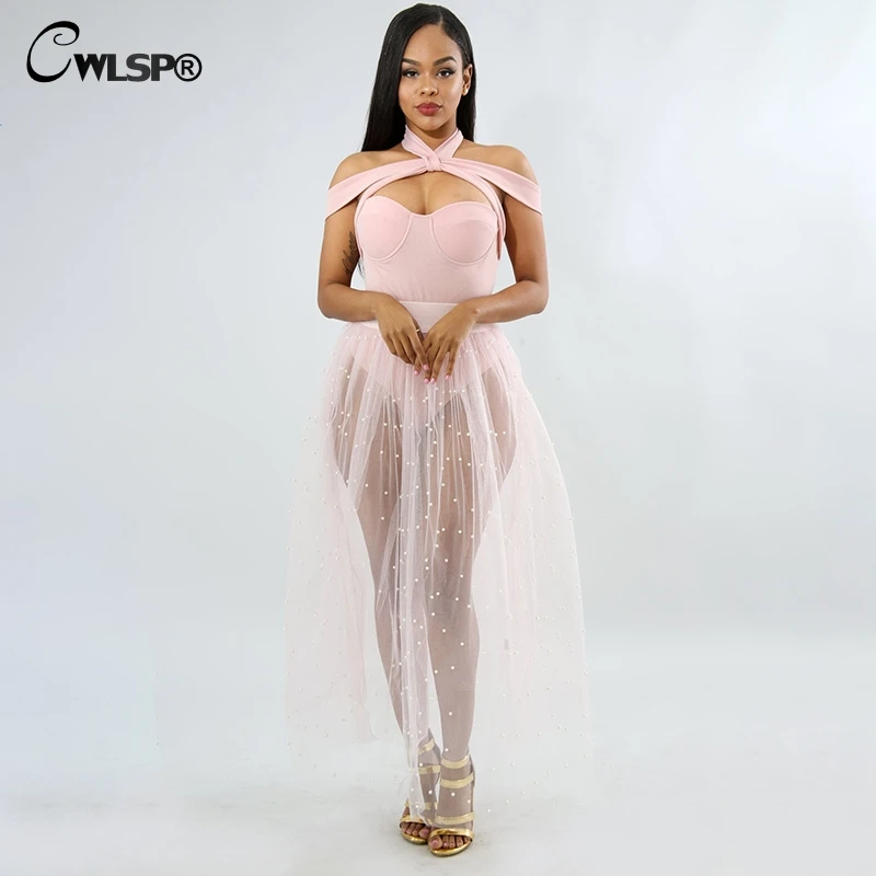 CWLSP Sexy Mesh Ball Gown Skirt See-through For Women 2018 Summer Lady Fashion Beading Long Skirts QZ2751