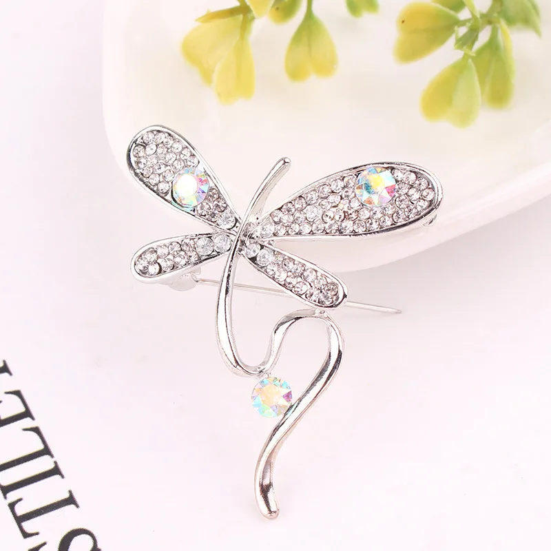 

LUBOV Shining Rhinestone Inlaid Golden Silver Color Metal Dragonfly Bowknot Brooch Pin Scarf Clip Pins Women Costume Jewelry
