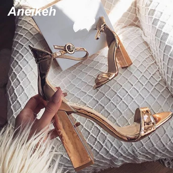 

Aneikeh Women's Patent Leather Sexy High Heel Sandals 11.5cm Square Heel Party Dress Shoes Ladies Sexy Ankle Strap Sandals Pumps
