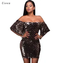 Платье с открытыми плечами и пайетками, женское платье с расклешенными рукавами и вырезом-лодочкой, блестящее сексуальное платье для ночного клуба, мини облегающее платье для вечеринок