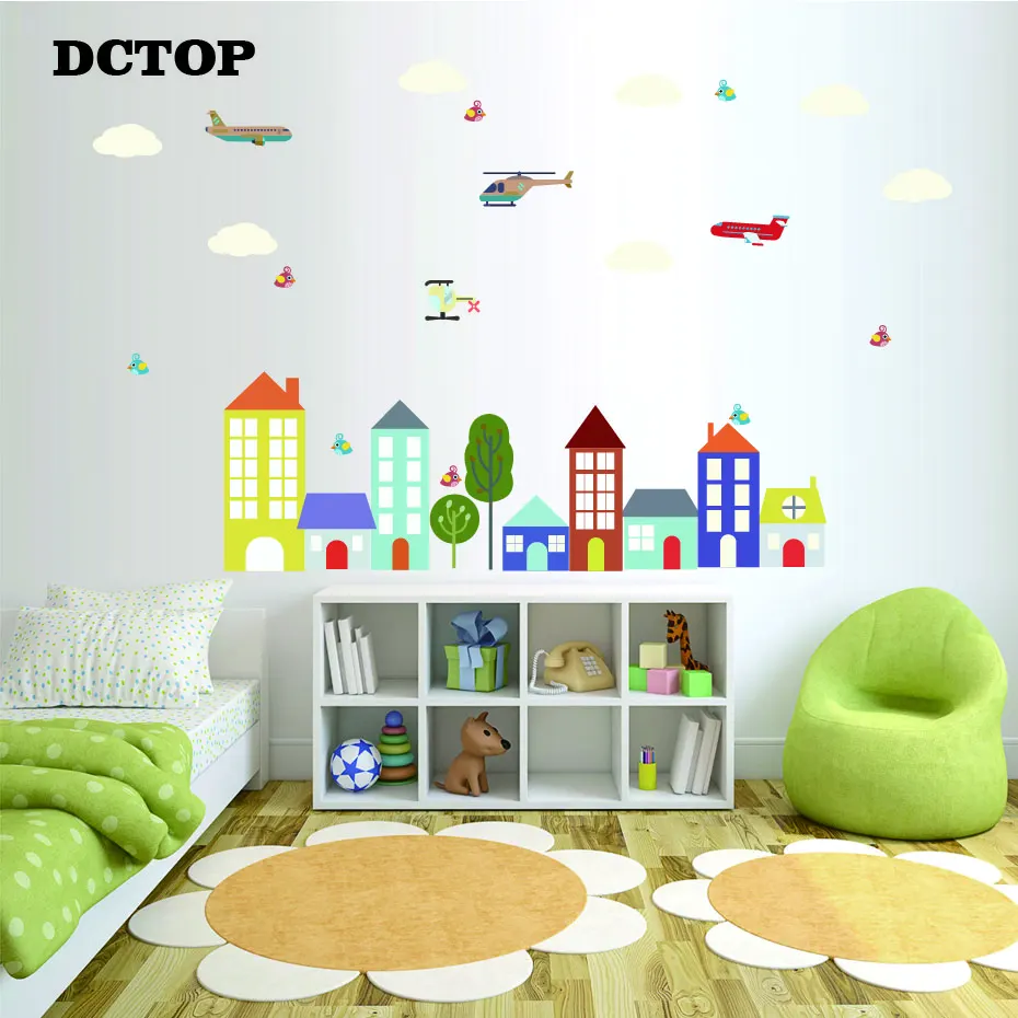 

Cartoon Buildings Wall Sticker Hot Air Balloons Plane Clouds City Art Decals Home Decor Wallpaper Murals Kids Nursery Bedroom