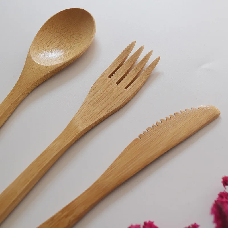 Набор посуды из 3 предметов, деревянная столовая посуда, Бамбуковая вилка, нож для супа, чайная ложка, столовые приборы с тканевым пакетом для приготовления пищи