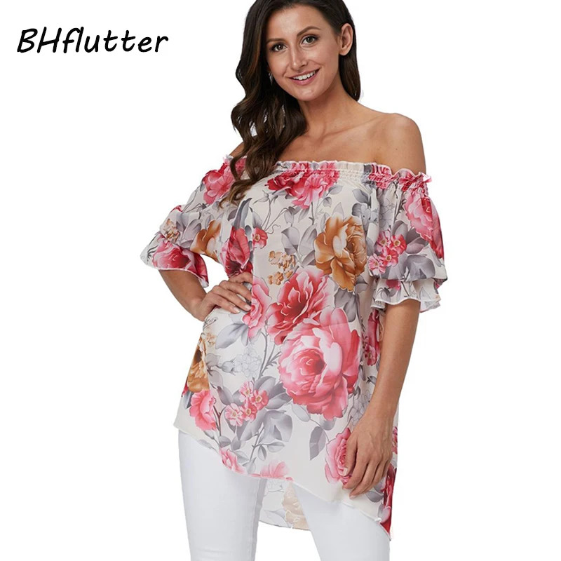 BHflutter 4XL Plus Size Blouse Women 2022 New Off Shoulder Summer Blouses Tops Ladies Floral Print Casual Loose Chiffon Shirts