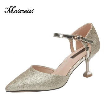 

MAIERNISI New Arrival Summer Heel Shoes Woman Sandals Asymmetrical Square Heek Sandals Pointed Toe Pump for ladies leisure