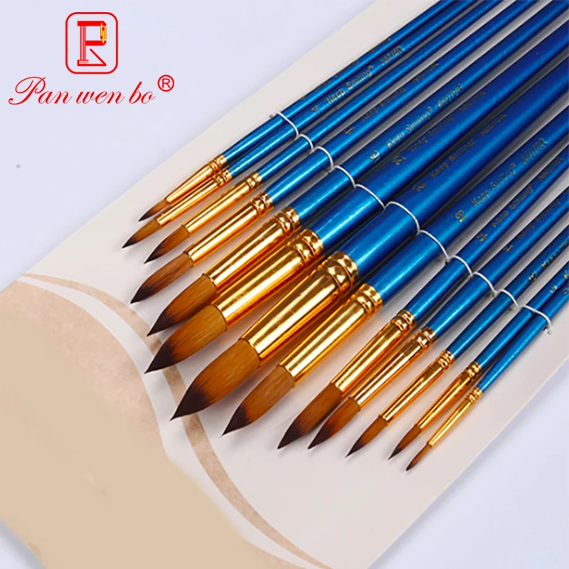 Beste 12 stks Nylon Haar Aquarel Borstel Set Blauw Houten Handvat Borstel Acryl Tekening Borstel Voor Kunst Levert
