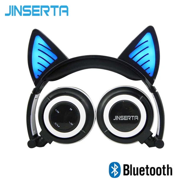 Best Price JINSERTA 2018 Bluetooth Wireless Cat Ear Headphones Folded Headband earphone with LED cosplay Headset For Mobile Phone PC Laptop