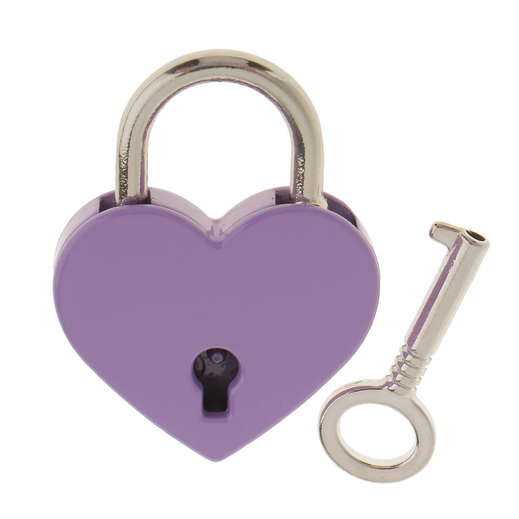 Vintage Heart Shape Padlock w/ Key Tiny Suitcase Lock Purple (Lot of 3)