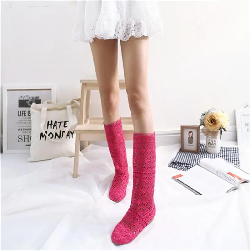 Femininas de Malha Botas de Malha de Fundo Botas de Renda Primavera e Outono Sapatos com Calçados Oca para Primavera e Outono Botas Plano Tubo Alto Baixo Femininas Respiráveis 2021 - 42 oca para primavera e outono, malha de