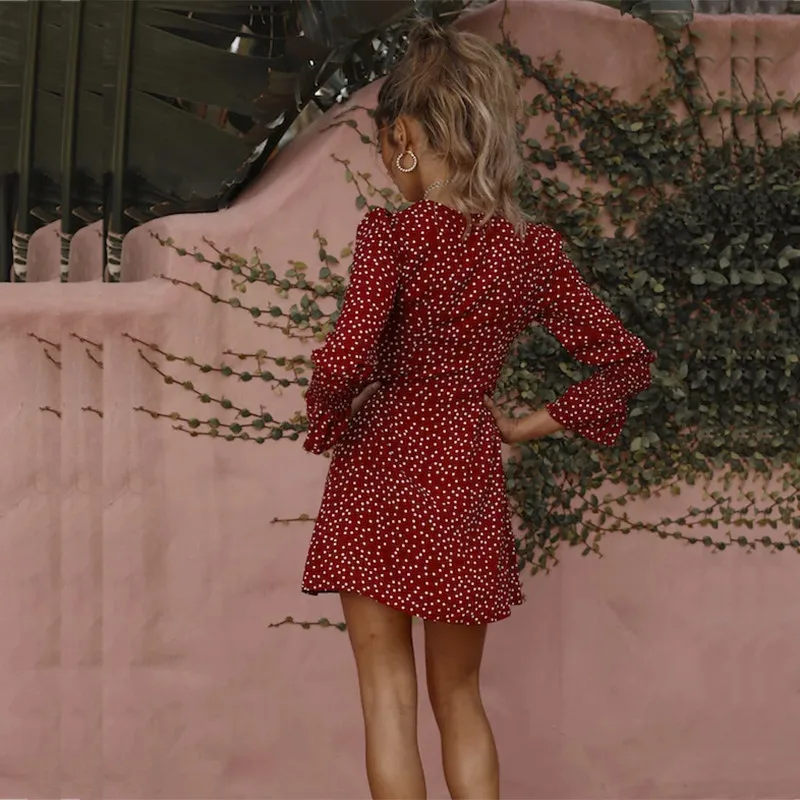 yinlinhe Red Polka Dot Summer Dress Long Sleeve 2018 Vintage V neck Button Dress Women Sexy Elegant Beach Vestidos   5