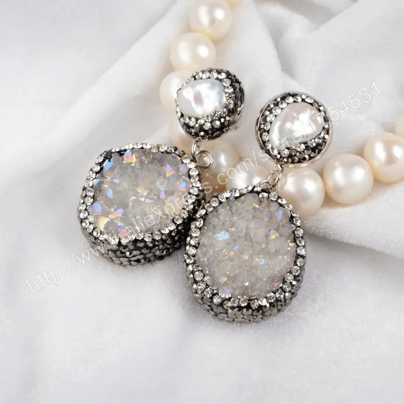 BOROSA кристалл Druzy Титан AB Круглый geode кулон с новым жемчугом Серьги Pave CZ модные серьги Друза JAB162