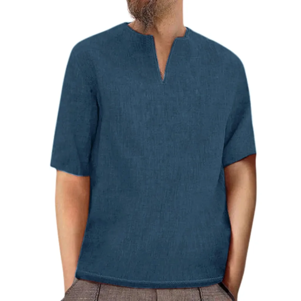camiseta hombre, Мужская мешковатая Ретро хлопковая льняная однотонная туника с коротким рукавом и v-образным вырезом, рубашка, топы, блузки, blusa masculina