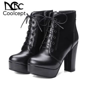 

Coolcept Plus Size 34-48 Ankle Boots Women Cross Strap Fashion Zipper Thick Heel Platform Shoes Women Casual Office Footwear