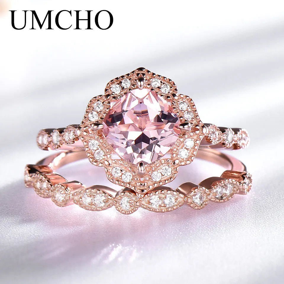 

UMCHO Created Nano Morganite 925 Sterling Silver Rings Charm Flower Double Rings For Women Anniversary Gift Fine Jewelry