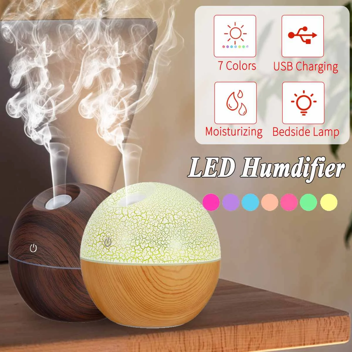 

Ultrasonic Cool Mist Humidifier Air Purifier 130/300ML USB Aroma Essential Oil Diffuser 7 Color LED Night Light for Office Home